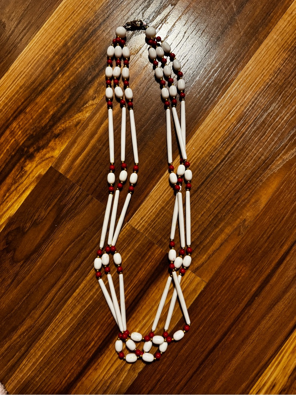 Vintage very well made White and Red Multi-Strand Beaded Necklace